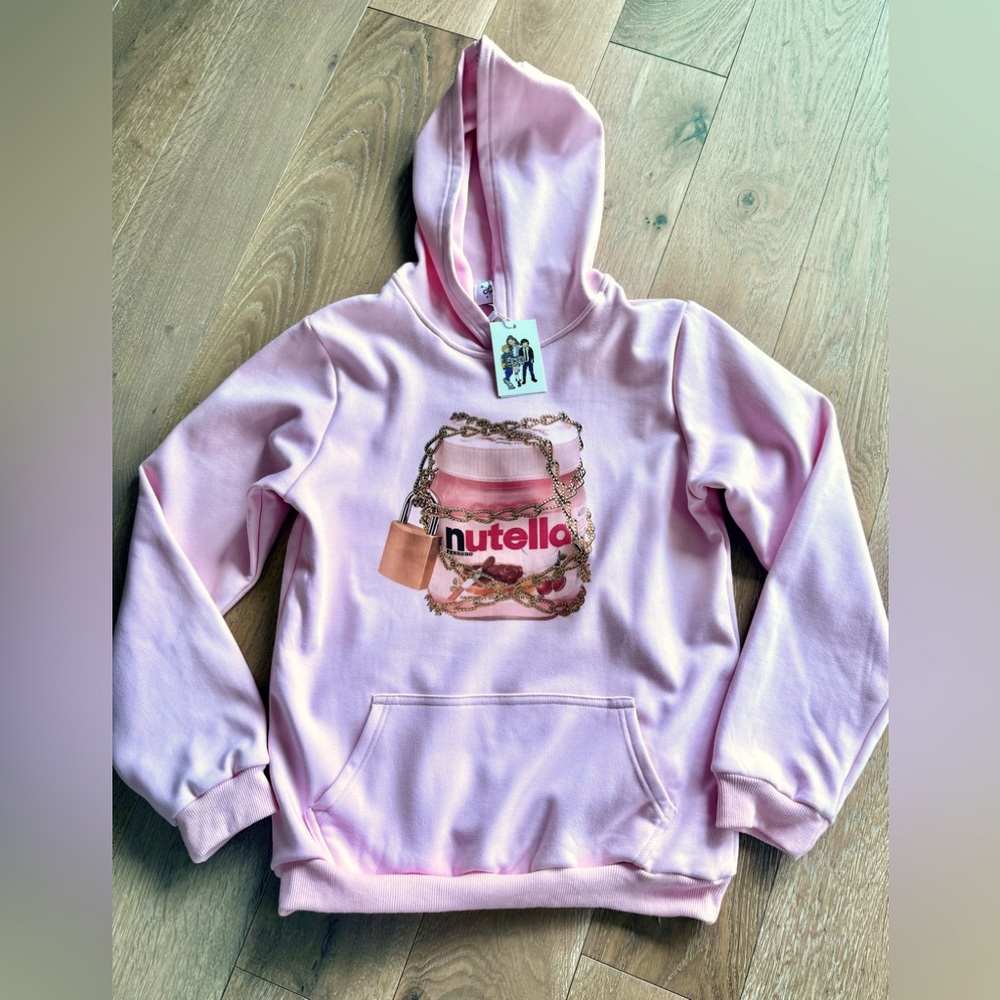 Lola and the Boys Pink Hoodie with Nutella graphic print.